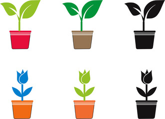 Set of Flower plants in flowerpot  icons, floral concept, plants in flowerpot sign on white background, growing concept illustration for web design. 