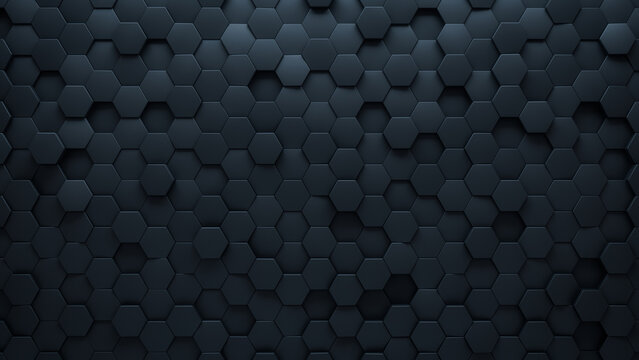 Futuristic Tiles arranged to create a Polished wall. Hexagonal, Black Background formed from 3D blocks. 3D Render