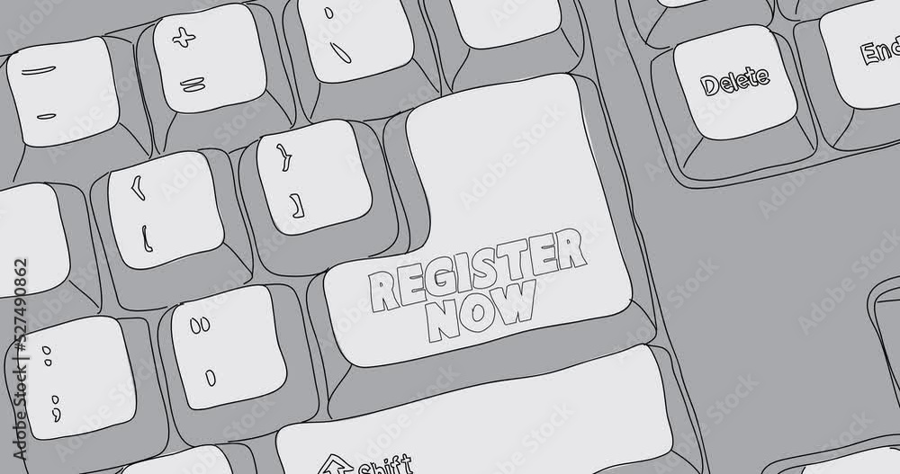 Poster computer keyboard with register now text. close-up of an electronic computer device part, keypad. da