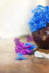 romantic little purple and blue flowers in a vase on a wooden background close-up