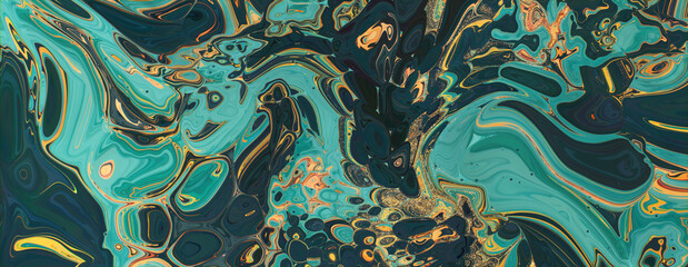 Liquid Swirls in Beautiful Turquoise and Yellow colors, with Gold Powder. Modern Acrylic Pour Banner.