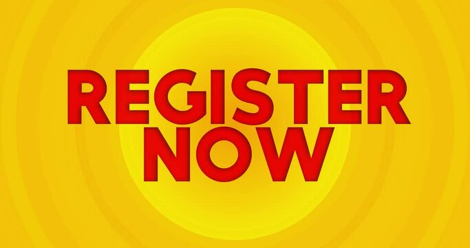 Register Now text with yellow hot summer sun. Simple animation of a bright orange sunlight.