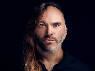Portrait of diversity of men faces together showing age, face and hair differences. Closeup of a mature father with his young son on one body to show biological, dna and genetic difference of family