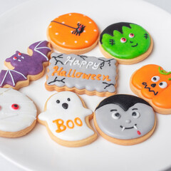 Obraz premium Happy Halloween with funny Cookies; Pumpkin, scary ghost, spooky mummy, bat, frankenstein, dracula and spider. Trick or Threat, Hello October, fall autumn, Traditional, party and holiday concept