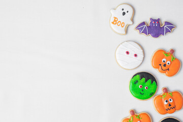 Halloween funny Cookies set on white background. Trick or Threat, Happy Halloween, Hello October, fall autumn, Festive, party and holiday concept