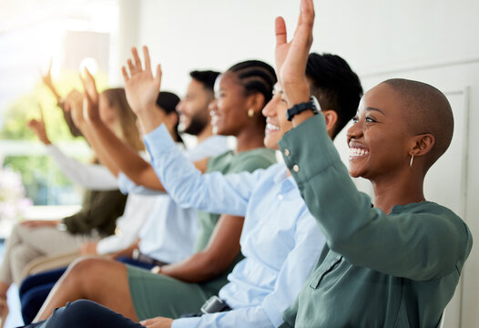 Hands, Question And Workshop With A Team Of Business People Ready To Answer In A Training Or Development Seminar. Learning, Collaboration And Growth With An Audience At A Tradeshow Or Conference