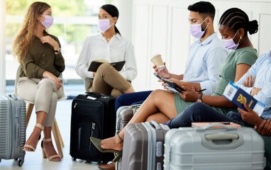 Diversity, covid and travel of people at an airport waiting to board a plane with their passport and mask. Group of business employees follow safety protocol for traveling with luggage in pandemic.
