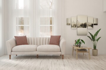 Modern living room in white color with sofa. Scandinavian interior design. 3D illustration