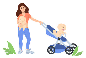 A dog sitting on a stroller for children.  A young woman is carrying a dog in a stroller. A cute puppy sits in the arms of a girl. 
Concept vector illustration. Isolate on white background. 