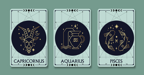 Capricornus, Aquarius, and Pisces zodiac symbols linear simple style surrounded by moon phase on light green background, esoteric, and boho styles. Fit for paranormal, tarot readers, and astrologers