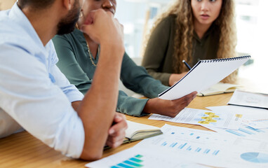 Team, budget and financial report with graphs, paperwork and SEO information for marketing and...