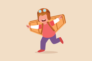Happy cute boy in pilot costume playing toy plane. Playing activity concept. Flat vector illustrations isolated.