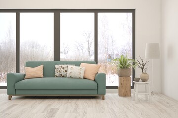 White living room with sofa and winter landscape in window. Scandinavian interior design. 3D illustration