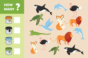 Educational Counting Game for Preschool kids with Animals. Kids puzzle concept. Flat vector illustration isolated.