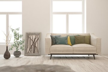 White living room with sofa. Scandinavian interior design. 3D illustration