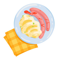 Mashed potato with meat sausage on plate, top view vector illustration. Cartoon isolated cooked healthy vegetable mash, boiled delicious sausage, herbs and ketchup, dish for lunch or breakfast