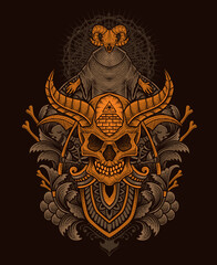 Illustration demon skull with antique engraving style perfect for T shirt, Hoodie, Jacket, poster