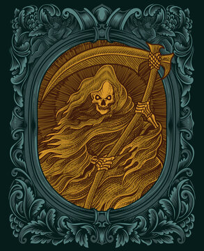 Illustration Scary Grim Reaper With Vintage Engraving Style