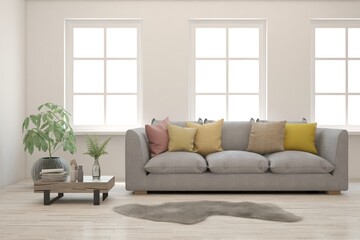Stylish room in white color with sofa. Scandinavian interior design. 3D illustration