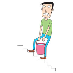 Man carries a big bucket on stair #2