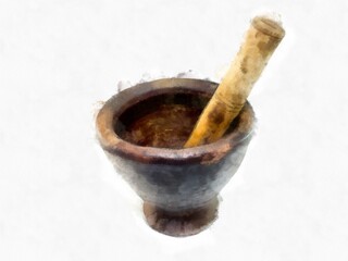 mortar on a white background watercolor style illustration impressionist painting.