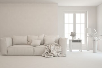 Fototapeta premium White minimalist living room with sofa. Scandinavian interior design. 3D illustration