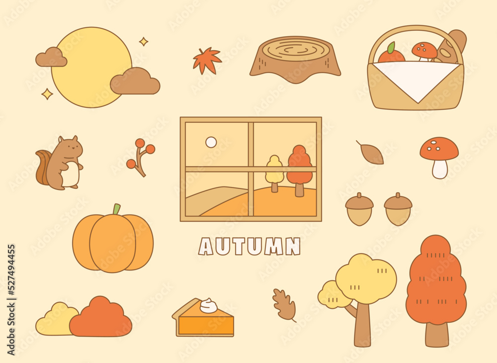 Poster objects representing autumn are arranged around the window. flat design style vector illustration.