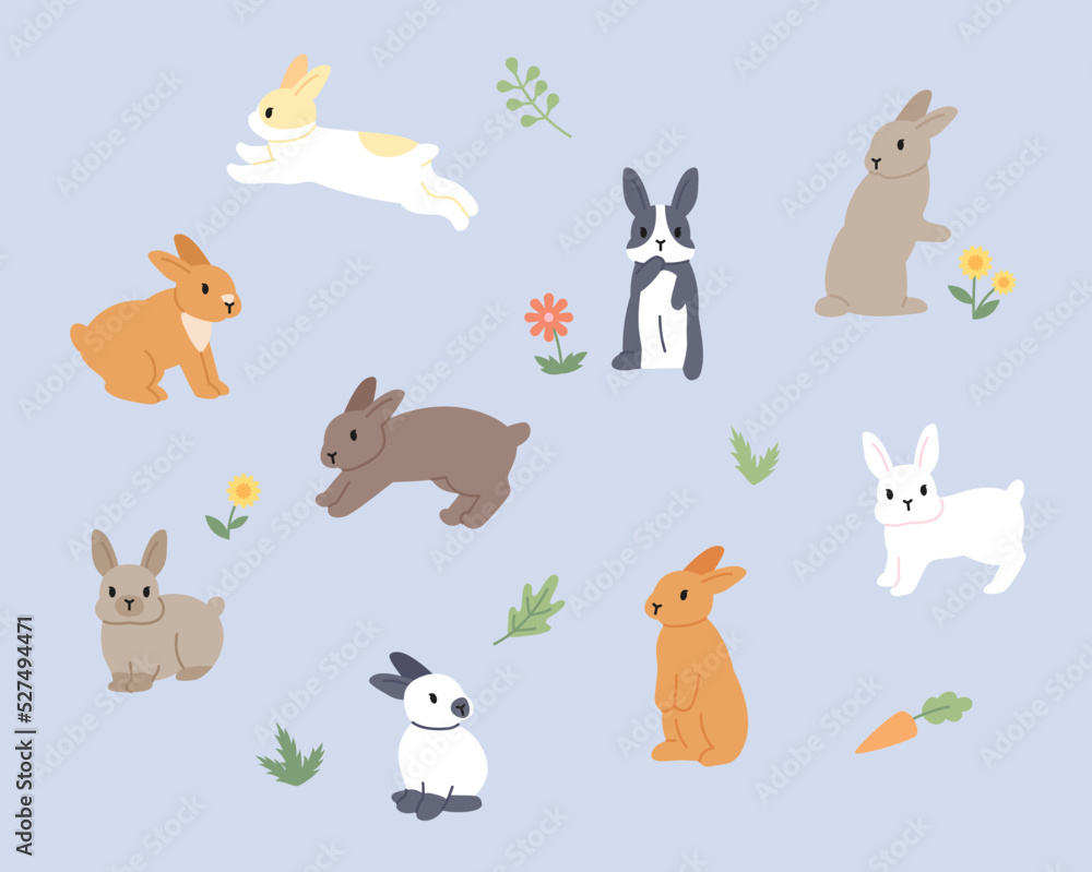Poster cute rabbits of various colors and patterns are running around the flower garden. flat design style 