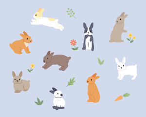 Cute rabbits of various colors and patterns are running around the flower garden. flat design style vector illustration.