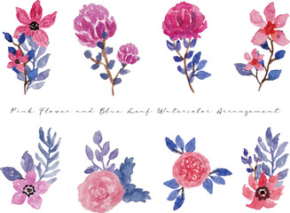  cute pink flower and blue leaf watercolor arrangement