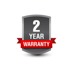 Strong powerful 2-Year warranty vector badge logo with red ribbon isolated on white background. 