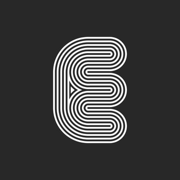 Letter initial E logo minimal monogram smooth waves shape, many parallel black and white thin lines pattern.