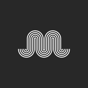 Letter M logo minimal monogram initial serpentine shape, smooth parallel black and white thin lines waves pattern.