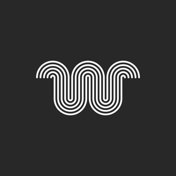 Letter W logo minimal monogram initial waves shape, smooth parallel black and white thin rounded lines waves pattern.