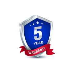 3D style 5-Year warranty powerful silver colored shield badge with red ribbon isolated on white background.
