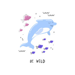 Hand-drawn doodle Dolphin with fish on a transparent background