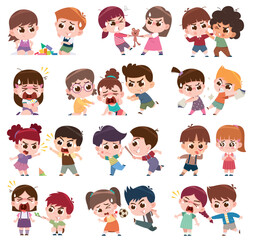 Fototapeta premium The image depicts various scenarios of children involved in arguments, fights, and bullying behaviors.