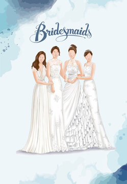 Bride and Bridesmaids on wedding day. Hand drawn watercolor vector Illustration.