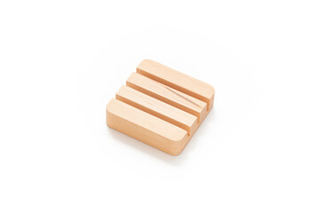 Wooden card holder isolated on white background. Wood surface. Minimalist object. Stationery. Simplicity. Workspace. Equipment.