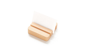 Wooden card holder isolated on white background. Wood surface. Minimalist object. Stationery. Simplicity. Workspace. Equipment.