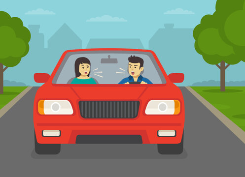 Safe driving tips and traffic regulation rules. Front view of a yelling male driver and female passenger. Family conflict on road. Flat vector illustration template.