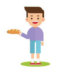 Happy Cute Kid Boy Holding Fresh Bread