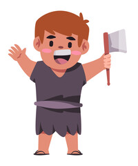 Kids prehistoric holding axe made of rock or stone standing and smile