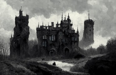 Black-and-white illustration of a gothic castle.