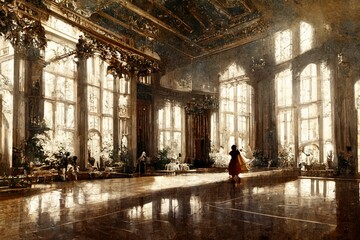 Illustration of a woman standing in a luxurious royal palace. - obrazy, fototapety, plakaty