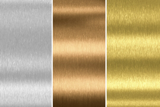 Gold, silver and bronze collection. Metal background. 3d rendering