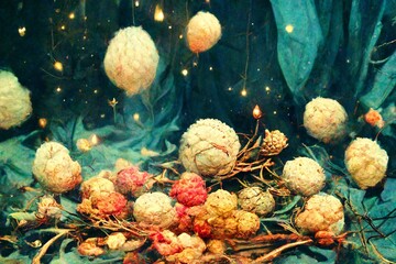 CG illustration of a forest with imaginary round plants.