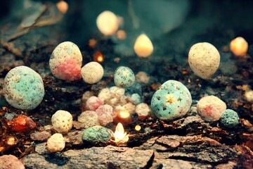 cg-illpop.com/illpop.html -CG-illustration of a forest with colorful mysterious stones rolling around.