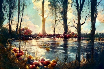 Fantastic scenery of a pond in the forest with mysterious plants blooming.