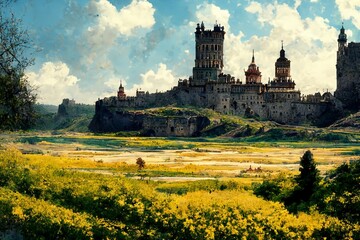 CG illustration of a medieval castle seen on a hill.